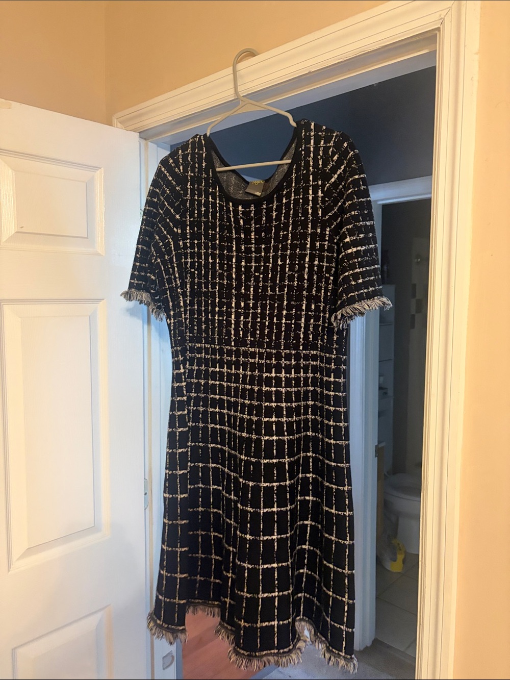 Taylor Black and White Grid Tweed Midi Dress with Fringe